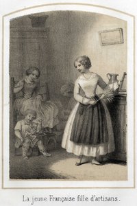 Die junge Französin bescheidener sozialer Herkunft arbeitet als Dienstmädchen in einer wohlhabenden Familie. Sie schaut neidisch auf die beschäftigten Kinder bei ihren Spielen. Anonyme Gravur des 19. Jahrhunderts.