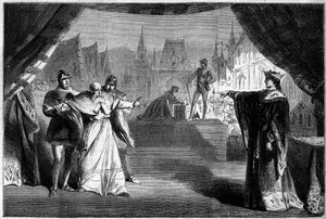 Theateraufführung: Akt II Szene sieben von „Die Tochter des französischen Richters“ von Adolphe Carcassonne (1826-1891). Théâtre de Marseille von French School