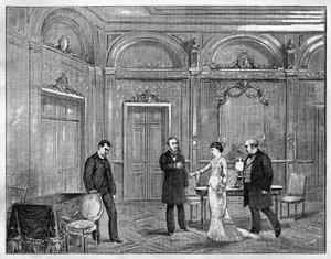 Theateraufführung: „Jean Beaudry“ von Auguste Vacquerie (1819-1895). 4. Akt. Paris, Théâtre Français (Comédie Française). Gravur von 1880 in „La république illustrée“ private Sammlung. von French School