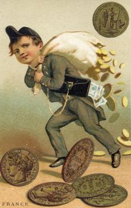 Dieb, der mit einem Sack französischer Francs und Banknoten entkommt, aus einer Serie von Werbekarten über Währungen in verschiedenen Ländern, veröffentlicht in Paris von Baster & Vieillemard für den Schokoladenhersteller