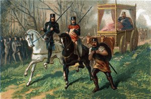 Thierry III genannt der Faulenzerkönig von 673 bis 691 fährt in seiner von Ochsen gezogenen Kutsche durch Paris. Chromolithographie um 1890 von French School