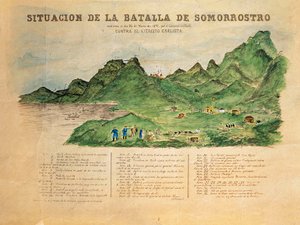 Dritter Carlistenkrieg (1872-1876): Beschreibung der Schlacht von Somorrostro im Baskenland am 25.03.1874 (Gravur)
