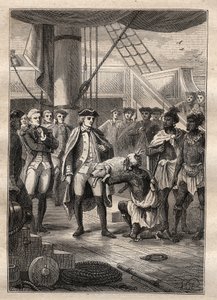 Dritte Reise von James Cook - Sie gaben ihm ein kleines Schwein - Illustration aus „Die großen Seefahrer des 18. Jahrhunderts“ von Jules Verne von French School
