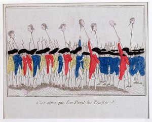 So werden Verräter bestraft, Sansculotten tragen die Köpfe der Guillotinierten, 1789