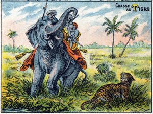 Tigerszene auf dem Rücken eines Elefanten. Syllabar-Alphabet der Jagden. Bild von Epinal