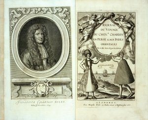 Titelseite und Frontispizporträt von Journal du Voyage de Chevalier Chardin en Perse et aux Indes Orientales von Jean Chevalier Chardin, 1686