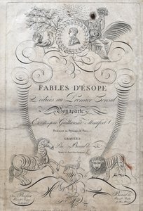 Titelseite von „Fabeln von Äsop“. (Griechischer Schriftsteller Äsop, 6. Jahrhundert v. Chr.) Gewidmet dem ersten Konsul Bonaparte, geschrieben von Guillaume Montfort und graviert von Beauble im Jahr 1801. von French School