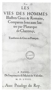 Titelseite von „Das Leben edler Griechen und Römer“ von Plutarch, gedruckt von Michel de Vascosan von French School