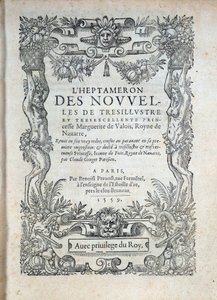 Titelseite des Heptameron: Erzählungen oder Nachrichten von Margarita von Navarra (Margarete von Valois, Margarete von Angoulême oder Margarete von Frankreich (1492-1549), Königin von Navarra und Dichterin) von French School