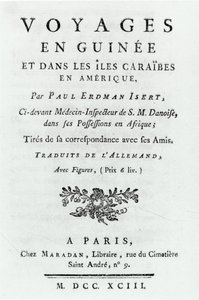 Titelseite für Voyages en Guinee et dans les Iles Caraibes en Amerique von Paul Erdman Isert, veröffentlicht 1743