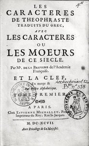 Titelseite von Theophrastus Les Characteres ou les Moeurs, übersetzt von Jean de la Bruyere (1645-96), 1697 von French School