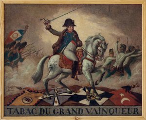 Zum Tabak des großen Gewinners. (Reiterporträt von Napoleon Bonaparte (1769-1821), der seine Truppen in die Schlacht führt)