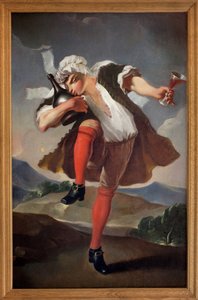 An die drei vereinten Stände. Ein Mann, der den Klerus, den Adel und den Dritten Stand repräsentiert, hält ein Glas Rotwein und küsst eine Flasche. Gemaltes Schild eines Weinhändlers. Anonymes Gemälde, Revolutionszeit von French School