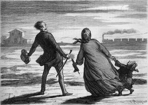 Zu spät! : eine Familie hat gerade ihren Zug verpasst. Karikatur von Honore Daumier (1808-1879). Gravur in „Le Monde Illustré“ Nr. 286 vom 4. Oktober