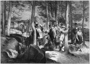 Touristen in den Schluchten von Apremont, nahe dem Eingang der Höhle, im Wald von Fontainebleau