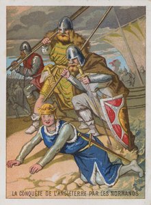 Werbekarte mit einem Bild der Eroberung Englands durch die Normannen von French School