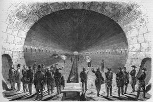 Transformationen von Paris unter dem Zweiten Kaiserreich, Haussmann-Paris. Der Abwasserkanal vom Bahnhof Straßburg zur Seine: Ansicht aus dem großen Raum am Tag der Einweihung des Boulevard de Sebastopol. Besuch von General Espinasse, Minister o von French School