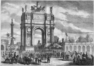 Transformationen von Paris unter dem Zweiten Kaiserreich, Haussmann Paris: Triumphbogen bei der Einweihung des Boulevard du Prince Eugene (heute Boulevard Voltaire) durch Napoleon III. Gravur in „Le Monde Illustré“ Nr. 296 vom 13. Dezember 1862 von French School