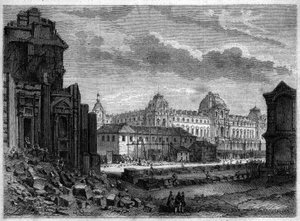 Transformationen von Paris unter dem Zweiten Kaiserreich, Haussmann Paris: Abriss des Flore-Pavillons und Arbeiten im Hof der Tuilerien - Gravur in „Le Monde Illustré“ Nr. 244 vom 14. Dezember 1861