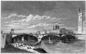 Umgestaltungen von Paris unter dem Zweiten Kaiserreich, Haussmann Paris: Ansicht der Pont au Change während ihres Wiederaufbaus. Gravur in „Le Monde Illustré“ Nr. 169 vom 7. Juli 1860. von French School
