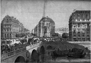 Transformationen von Paris unter dem Zweiten Kaiserreich, Haussmann Paris: Ansicht des Brunnens Saint Michel (1860) am Boulevard de Sebastopol. Gravur in „Le Monde Illustré“ Nr. 175 vom 18. August 1860. von French School