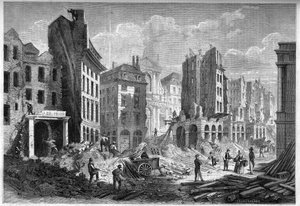 Transformationen von Paris unter dem Zweiten Kaiserreich, Paris Haussmann: Abriss der Rue de la Barillerie für den Durchbruch des Boulevard Sebastopol. Gravur in „Le Monde Illustré“ Nr. 126 vom 10. September 1859