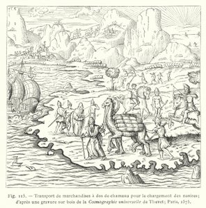 Transport von Waren auf dem Rücken von Kamelen zum Beladen von Schiffen; nach einem Holzschnitt aus der Cosmographie universelle von Thevet; Paris von French School