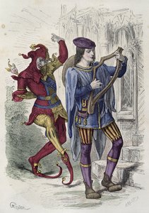 Reisender Musiker und Hofnarr beim Tanzen (Farbstich) von French School
