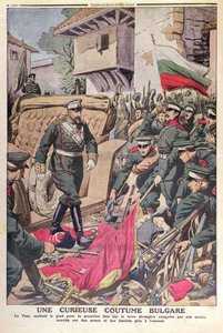Zar Ferdinand I. (1861-1948) von Bulgarien schreitet über erbeutete Fahnen während des Balkankriegs von 1912, November 1912 von French School
