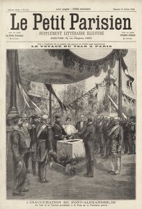 Zar Nikolaus II. und Zarin Alexandra von Russland bei einer Zeremonie zur Grundsteinlegung der Pont Alexandre III in Paris während ihres Besuchs in Frankreich von French School