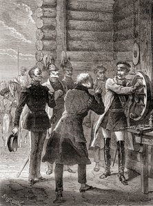 Zar Nikolaus I. eröffnet die Semaphor-Telegraphenlinie zwischen Moskau und Warschau im Jahr 1833, unter Verwendung einer Modifikation des Semaphorsystems von Claude Chappe, aus Les Merveilles de la Science, veröffentlicht um 1870 (Gravur)
