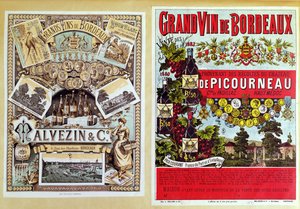 Zwei Werbungen für Malevezin und Company Distributoren und das Weingut Chateau de Picourneau, aus der Region Bordeaux, späte 19. Jahrhundert