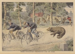 Zwei Radfahrer von einem entkommenen Bären verfolgt von French School