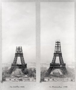 Zwei Ansichten des Baus des Eiffelturms, Paris, 14. Oktober und 14. November 1888 von French School