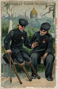 Zwei Kriegsinvaliden: ein Stumpf spricht mit einem Pinguin. Chromolithographie des 19. Jahrhunderts