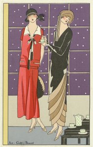 Zwei Frauen beim Tee in Designs von Jean Patou und Beer, aus Art-Goût-Beauté veröffentlicht 1924 von French School