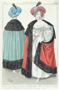 Zwei Frauen mit Turbanen, Kleidern und Mänteln aus Kaschmir, aus Costumes Parisiens, 1831