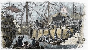 Unabhängigkeitskrieg der USA: Aufstand amerikanischer Siedler (britischer Herkunft) gegen die vom englischen Parlament auf Tee und andere Lebensmittel erhobenen Steuern. Sie verkleiden sich als Indianer und werfen die Teeladung nach dem Betreten des Schiff
