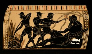 Odysseus und seine Gefährten stechen dem Zyklopen Polyphem das Auge aus, Illustration von einer antiken griechischen Vase, 1887