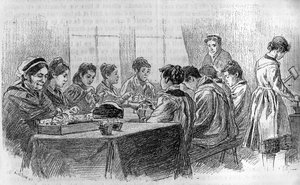 Ein Atelier für junge Mädchen in der Salpêtrière in Paris, in „Le Journal de la Jeunesse“ 1887. von French School