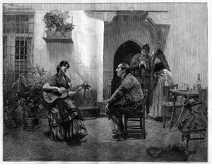 Unter dem Zauber: Ein Mann lauscht bewundernd einem jungen spanischen Mädchen, das Gitarre spielt. Gravur nach dem Gemälde von Jules Worms (1832-1914) in "The Illustrous World", 1. Mai von French School