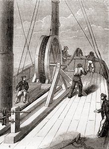 Das Abwickeln des Dover-Calais-Unterseekabels an Bord der Blazer, 25. Dezember 1851, aus Les Merveilles de la Science, veröffentlicht um 1870 (Gravur) von French School
