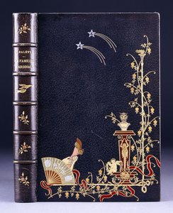 Oberer Buchdeckel mit zwei Sternschnuppen, einer Fackel, Laub, Faun auf Sockel, Putto und einem Bein hinter einem Fächer, 1893 von French School