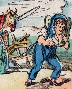 Verkehrte Welt: Ochsen treiben Pflug, der von Bauer gezogen wird von French School