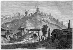 Ansicht von Montmartre im Jahr 1859, vor der Eingliederung in die Stadt Paris im Jahr 1860. Ansicht von der Ebene Saint Denis. Gravur in „Le Monde Illustré“ Nr. 141 vom 24. Dezember 1859.