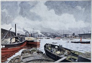 Ansicht von Paris, der Seine und dem Becken von Villette, Aquarell von Brun, 1889 von French School