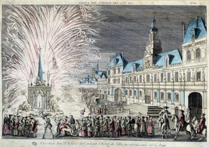 Ansicht eines Feuerwerks vor dem Rathaus zur Feier des Friedens