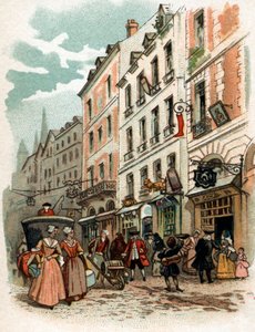 Ansicht einer Straße in Paris unter der Herrschaft von König Ludwig XV., Anfang des 18. Jahrhunderts von French School