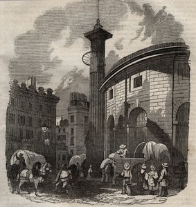 Ansicht der Halle au Blé in Paris (erbaut 1763-1769) und der Medici-Säule, Gravur Anfang des 19. Jahrhunderts - Weizen- und Maisbörse in Paris (erbaut 1763-1769), Gravur Anfang des 19. Jahrhunderts - Ansicht der Halle au Blé, platziert auf dem heutigen Hôt von French School