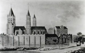 Ansicht der Abtei Saint-Germain-des-Prés zu Beginn des 15. Jahrhunderts (Lithographie) (s/w Foto) von French School